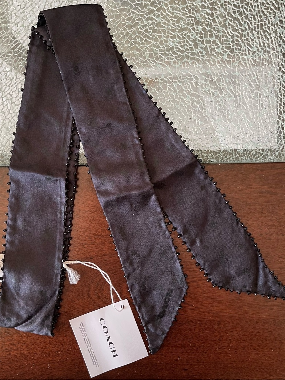 Coach Black Silk Floral Print Beaded Skinny Scarf